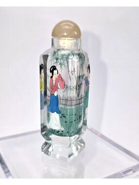 Vintage Snuff Bottle Hand-Painted Chinese Woman Square Glass Round Lid je143
